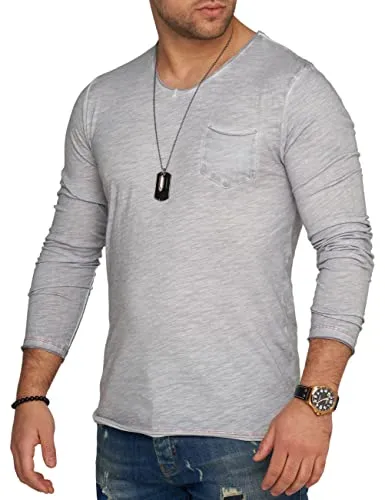 behype. Herren Langarm Shirt mit Brusttasche Longsleeve Langarmshirt T-Shirt V-Neck 3448-Hellgrau-XXL