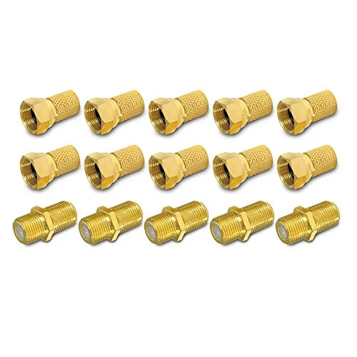 ARLI 10x F-Stecker 7 – 7,4 mm + 5x F-Verbinder vergoldet – Stecker Verbinder Set für Koaxialkabel Sat TV Antenne mit breiter Mutter & Dichtring