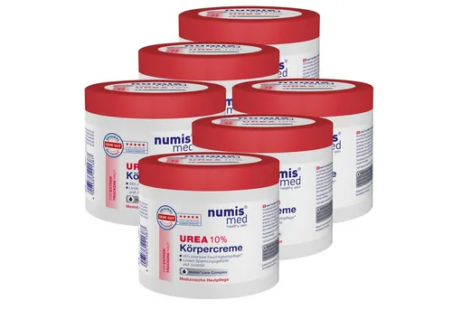 numis med Körperbutter Urea Creme 10% - 6-tlg. für trockene Haut - Körpercreme mit 10% Urea, spendet bis zu 48 Stunden Feuchtigkeit und unterstützt die Regeneration der Hautbarriere. Dermatologisch getestet und mikroplastikfrei.