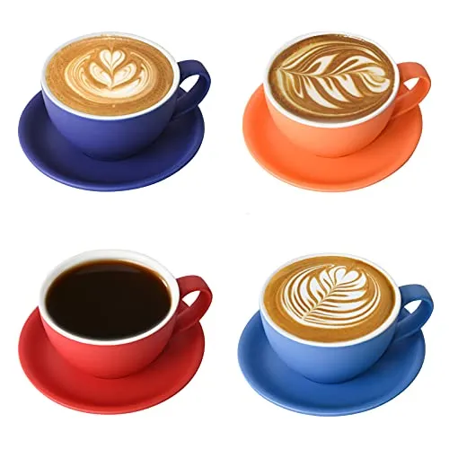 Yundu Cappuccinotassen Set 4x 300ml – Keramik-Kaffeetassen mit Untertassen, Mattierte Dunkeltöne-Mix für Latte Art & Barista, Großes Mokka Tassen & Untertassen Set