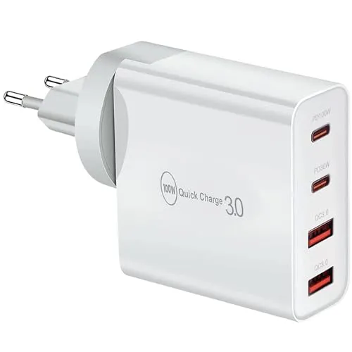100W USB-C Ladegerät, Schnellladegerät 4 Ports Quick Charger PD 3.0 Mehrfach kompatibel mit iPhone 15/14/13/12,Se, Mac Pro/Air, İpad Pro, Samsung, Huawei, Xiaomi, Steam Deck, Type C und USB A Netzeil