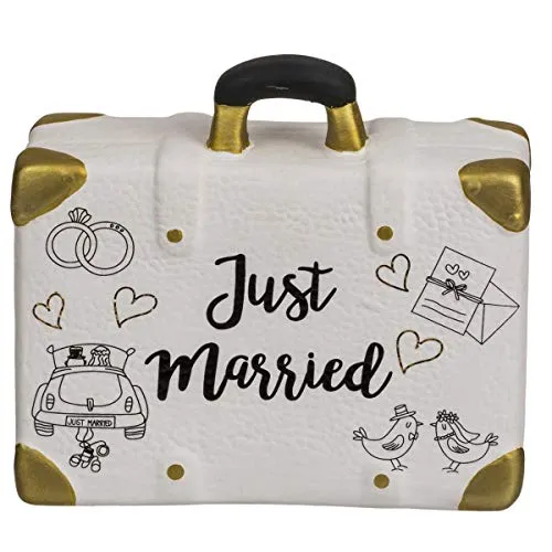 Keramik Spardose Koffer mit Stopfen, Hübscher Geldkoffer mit Aufschrift Just Married, 12, 5 x 14 x 5, cm, Witzige Verpackung für Geld-Geschenk für Die Hochzeit. Alternative für Sparschwein