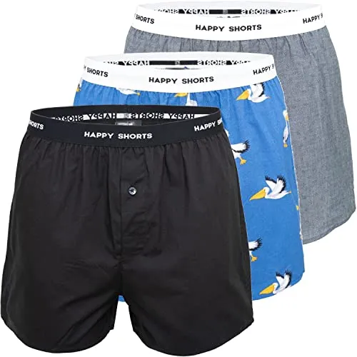 Happy Shorts 3er Pack Herren American Boxer Boxershorts - Herren-Boxershorts mit hochwertigem Druckdesign, Knöpfbarem Eingriff und optimalem Tragekomfort durch 100% Baumwolle. Erhältlich in verschiedenen Größen von S bis XXL.