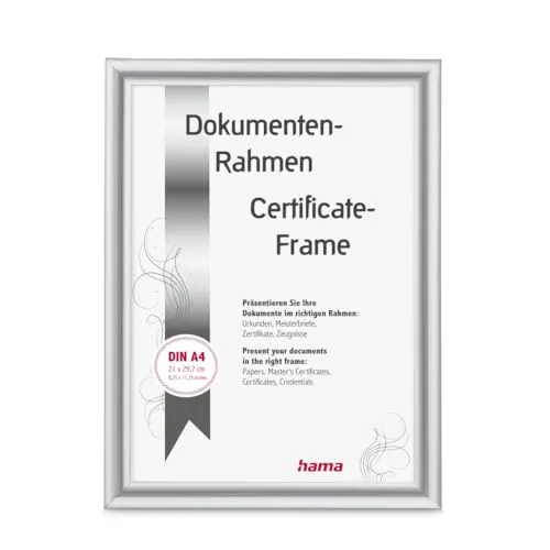 Hama Bilderrahmen Swing, 21x29,7cm (ideal für Urkunden und Dokumente in DIN A4, moderner Kunststoffrahmen, für Hochformat, für Querformat, zum Hinstellen/Hängen, Reflex Glas, Dokumentenrahmen) Silber
