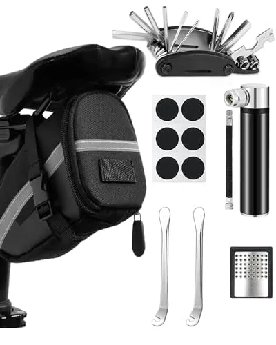 Fahrrad Reparaturset mit Satteltasche, 16-in-1 Fahrrad Multitool + 120 PSI Mini-Luftpumpe, Fahrrad Werkzeugset unterwegs, Notfallwerkzeug Flickzeug | Werkzeug Set für Fahrrad, MTB, Rennrad