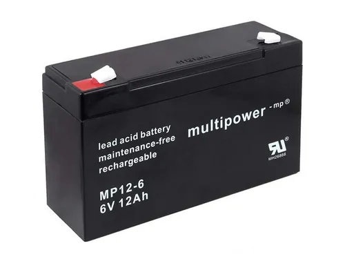 Powery Bleiakku MP12-6 - 6V 12Ah für YUASA NP12-6 - Kamera-Akkus mit hoher Kapazität von 12000 mAh, ideal für zuverlässige Stromversorgung in Fotografie und Videografie.