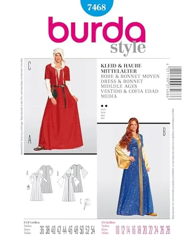 Burda Style Schnittmuster #7468 Karneval Kostüm Damen Mittelalter Kleid & Haube Gr. 36-54 mit Anleitung