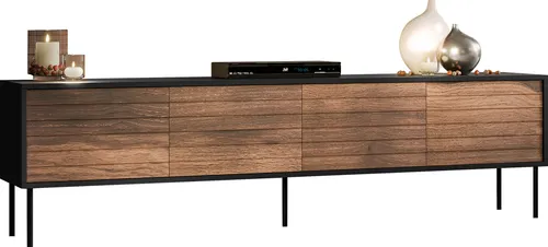 MIRJAN24 TV-Lowboard Cortina 200 4D - Modernes TV-Möbel mit Schwarz/Nuss Warmia - Stylisches TV-Lowboard Cortina 200 4D mit 4 Drehtüren, ideal für Ihr Wohnzimmer. Robuste Konstruktion mit grifflosen Push-to-Open-System und eleganten Stahlfüßen.