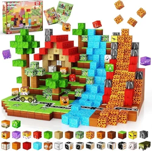 Magnetische Bausteine, 100 Teile Magnetbausteine Kinder – Kreatives 3D-Spielzeug mit Dinosauriern, Vulkan & Naturlandschaft | Spielzeug ab 5 6 7 8 9 Jahre Jungen Bauspielzeug für 3+ Jahre alte Jungen