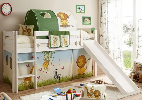 Ticaa Hochbett Manuel mit Rollrost, Kiefer massiv - Kinderzimmermöbel mit Rundum-Absturzschutz und beidseitig montierbarer Leiter – ideal für sicheren Schlaf und Spielspaß!