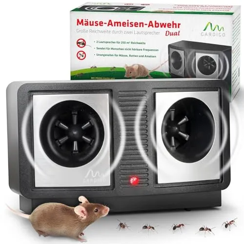 GARDIGO® Mäuseabwehr & Ameisen Abwehr - Ultraschallgerät zur effektiven Nagetierbekämpfung, mit regelbarer Frequenz von 30 kHz bis 65 kHz für optimale Wirkung gegen Mäuse und Ameisen im Innenraum.