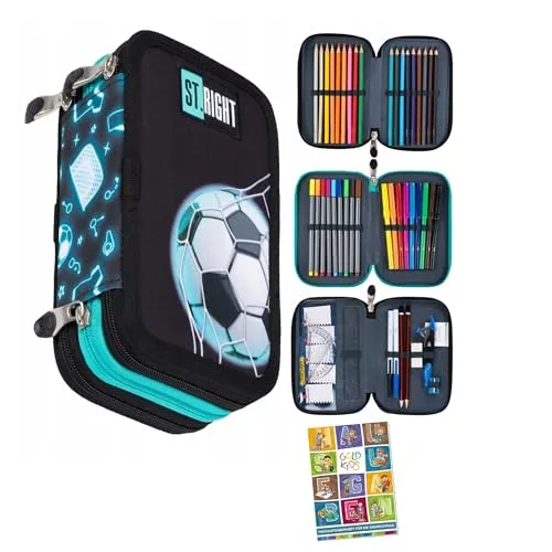 Goldkids Federmäppchen 3 Fächer - 46-teiliges Schüleretui mit Ball Motiv - Federmäppchen für Mädchen und Jungen, robust und langlebig mit praktischem Reißverschluss, ideal für die Organisation von Schulmaterialien.