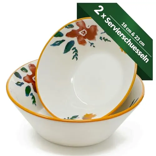 Lashuma 2x Pastaschüsseln Keramik, Servierschale bunt Blütenfest 18 cm Ø, Suppenschale groß 23 cm Ø
