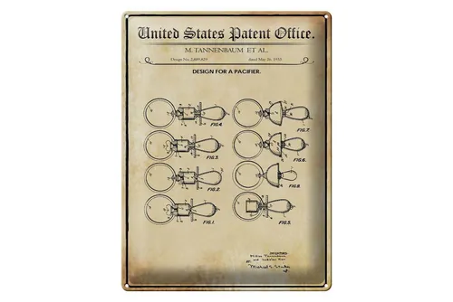 Femer GmbH Metallschild Patent 30x40 cm Entwurf für einen Schnuller, (1 St), gewölbte Oberfläche, abgerundete Ecken, umgeschlagene Kanten