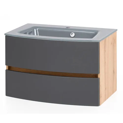 Waschtisch Badezimmer 80 cm Wotaneiche Nb. mit matt grau LAURIA-03 inkl. Glaswaschbecken grau, BxHxT: ca. 80x53x49 cm
