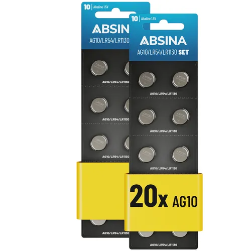 ABSINA AG10 LR1130 Knopfzelle 2x 10er Pack - 1,5V Alkaline Knopfzellen