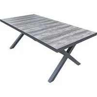 Tischgruppe RANA/TREVISO Set 01, 5-tlg. - Gartenmöbel-Set mit pflegeleichtem, wetterfestem Tisch aus Aluminium und Keramik in Eiche-Optik sowie vier platzsparenden Stühlen für stilvolle Outdoor-Momente.