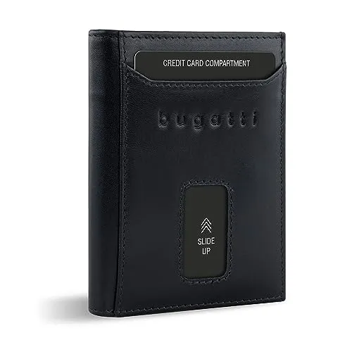 bugatti Secure Slim Mini Börse mit RFID-Schutz - Herren-Geldbörse aus hochwertigem Rindleder mit XL-Münzfach und praktischem Swipe-Up-Kartensystem für schnellen Zugriff. Maximale Sicherheit durch RFID-Schutz gegen Datendiebstahl.