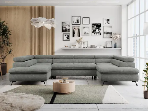 MKS MEBLE Sofa U-Form mit Schlaffunktion und Bettkasten - Peter U - Grau Struktur - Vielseitige Wohnlandschaft mit HR-Schaum für optimalen Komfort und Luftzirkulation. Inklusive 2 praktischen Bettkästen und verstellbaren Kopfstützen für individuelles Sitzen. Perfekt für jedes Wohnzimmer!