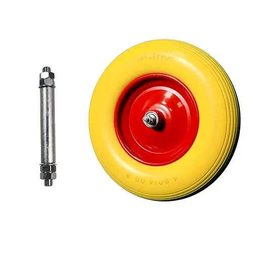 Schulz Tech Schubkarrenrad PU Vollgummi mit Achse, Tragkraft 200 kg, 4.80/4.00-8 Gummirad, pannensicher, Reifen mit Stahlfelge, Durchmesser 390 mm, gelb-rot