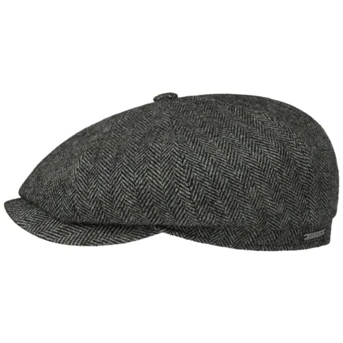 Stetson Hatteras Classic Wool Schirmmütze - Schiebermütze Herren - Flatcap mit Baumwollfutter - Herrencap mit Fischgrätmuster - Ballonmütze Herbst/Winter - Wintercap grau-schwarz 63 cm