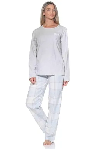 Normann Damen Schlafanzug lang mit karierter Flanell Schlafhose, grau, Größe 48-50 - Kuscheliger Damen Schlafanzug aus hochwertigem Flanell, ideal für kalte Nächte. Der klassische Schnitt sorgt für angenehmen Tragekomfort, ob als Nachtwäsche oder gemütliche Homewear.