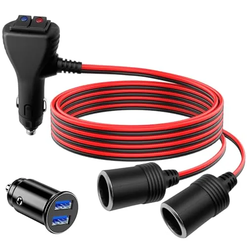 Hoembpn Zigarettenanzünder Verteiler Adapter Buchse, 1 bis 2 KFZ Auto Zigarettenanzünder Stecker mit Getrennte Schalter 12V/24V Doppelsteckdose Verlängerungskabel 1M + Dual USB Auto Ladegerät