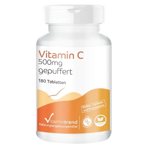 Vitamintrend Vitamin C 500 mg gepuffert, 180 Tabletten, magenfreundlich, Nahrungsergänzungsmittel vegan ohne Magnesiumstearat, in Deutschland hergestellt