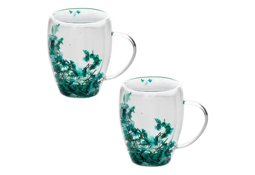 KVOTA Thermotasse Doppelwandiger Glasbecher mit echten Trockenblumen – 300 m Minze