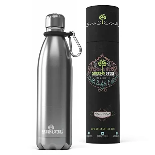 Greens Steel Edelstahl Trinkflasche - 750 ml, Silber I Doppelwandige vakuumisolierte Wasserflasche I Mit Karabiner & Geschenkbox I Wiederverwendbar & auslaufsicher für Erwachsene & Kinder, BPA frei