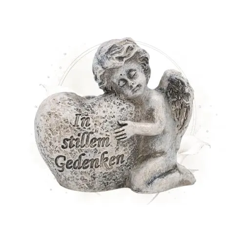 Logbuch-Verlag Grabengel mit Herz In stillem Gedenken Polyresin Grau ca. 6 cm Grabdeko Engelfigur Trauerdeko Gedenkstein Grabschmuck Beerdigung Erinnerung Trost
