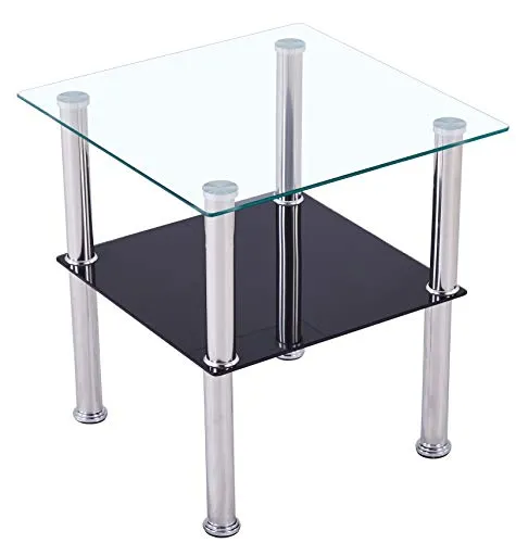 Euro Tische Beistelltisch aus Glas mit Ablage Schwarz - Modernes 2-Ebenen-Design - Beistelltische fürs Wohnzimmer mit 6mm Sicherheitsglas und Edelstahlbeinen. Ideal für stilvolle Ablage und zusätzlichen Stauraum in kleinen Räumen.