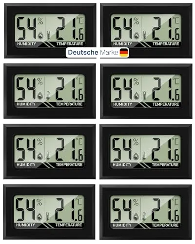 Thermo-Hygrometer 8er Set Digital - Mini Hygrometer Innen, 2-in-1 Feuchtigkeitsmessgerät & Raumthermometer digital °C/°F + on/off - für Raumklima, Growbox, Terrarium, Humidor & Curing - mit Batterien