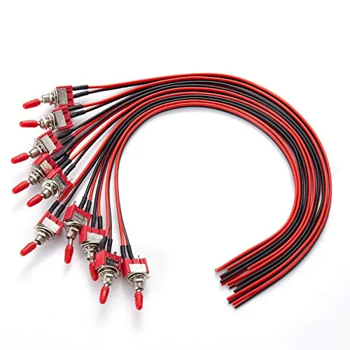 DONJON Kleine Ein Aus Schalter 12V SPST Kippschalter Mit 20AWG 30cm Vorgelöteten Drähten, 3V/5V/12V/24V/110V/220V/240V Mini für Licht, Testmaschine, Industrieanlagen, 10 Stück Rot