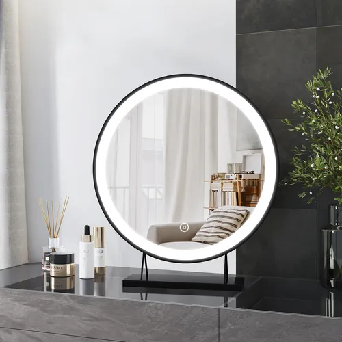 Heilmetz LED Kosmetikspiegel 48cm Rund mit Touchschalter - Vielseitiger Tischspiegel mit 3 Lichtfarben für perfekte Beleuchtung beim Make-up. Dimmfunktion und Speicheroption sorgen für individuellen Komfort. Hochwertige Verarbeitung und sichere Handhabung garantieren Langlebigkeit.