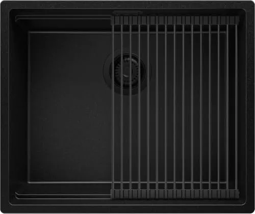 PRIMAGRAN Spülbecken Alles Schwarz 56x47cm, Granitspüle 1 Becken + Ablauf-Set + Aufrollbare Abtropffläche, Küchenspüle ab 60er Unterschrank - Praga Slim S209