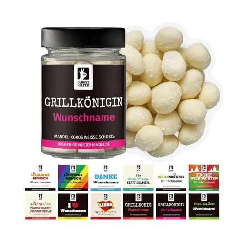 Bremer Gewürzhandel Geschenkglas mit Namen: Weiße Mandel Kokos Schokis, personalisierte Schokolade, leckeres Geschenk mit Wunschnamen, 100g