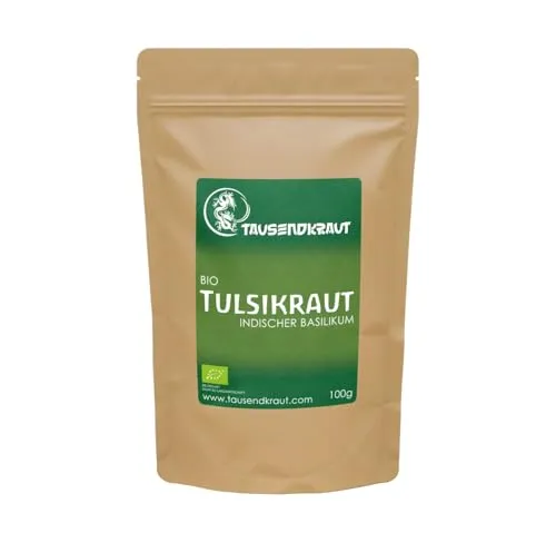 Tausendkraut PREMIUM Tulsi Gewürz - 100g - Indischer BIO Basilikum - Ocimum tenuiflorum - Hohe Produktsicherheit - Fairer Anbau und Handel - Nachhaltig und natürlich - Bester Geschmack