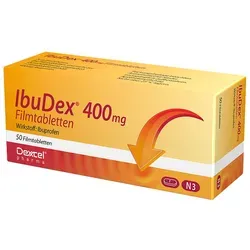 Ibudex 400mg - Schmerzmittel - Arzneimittel zur kurzzeitigen Behandlung von leichten bis mäßig starken Schmerzen wie Kopf-, Zahn- und Regelschmerzen sowie Fieber. Enthält den schmerzlindernden Wirkstoff Ibuprofen.