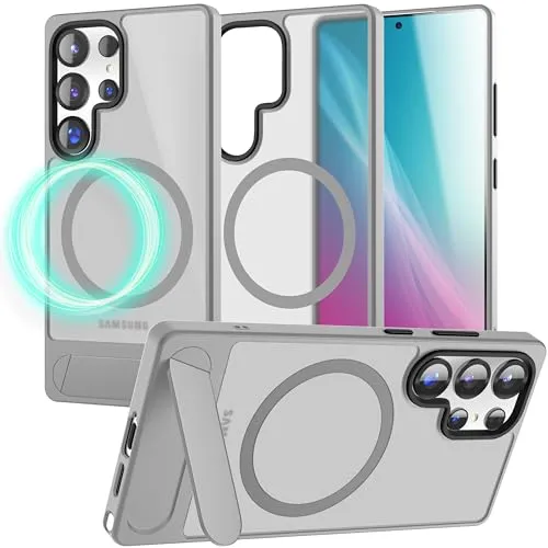 NALIA Triton für Samsung Galaxy S25 Ultra Hülle für MagSafe, Magnethülle mit Standfuß, Ring für Magnetisches Laden, Robuste Semi-Transparente Handyhülle mit Silikon Schutzrahmen, Farbe:Titan Grau
