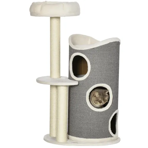 Katzenbaum mit Kissen und Kratzstamm – 60 cm x 44,5 cm x 109 cm, grau, natur und weiß