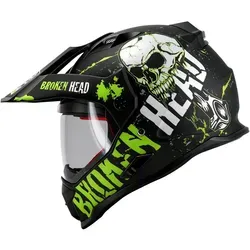 Broken Head Endurohelm Bone Crusher Grün mit Sonnenblende - Auffälliger Endurohelm mit einzigartigem Design, der leichten Fiberglas-Schale und optimalem Tragekomfort. Ideal für lange Touren und sicheren Schutz bei deinen Abenteuern.