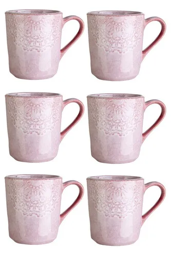 Home4You Tasse 6er Set, 355 ml, Rosa, mit floraler Prägung, Steingut, glasiert, spülmaschinengeeignet