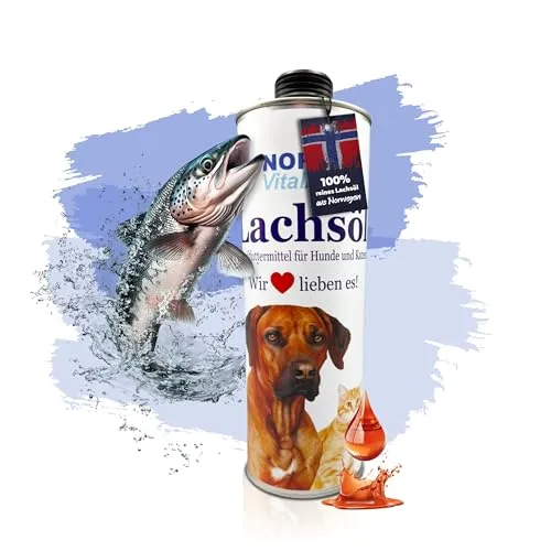 NordicVital Premium Lachsöl Hunde & Katzen 1000ml Weißblechdose – 100% Natürliches Fischöl/Fish Oil aus Norwegen Lachs – Reich an Omega 3&6 Fettsäuren – Barf Öl abgefüllt in Deutschland