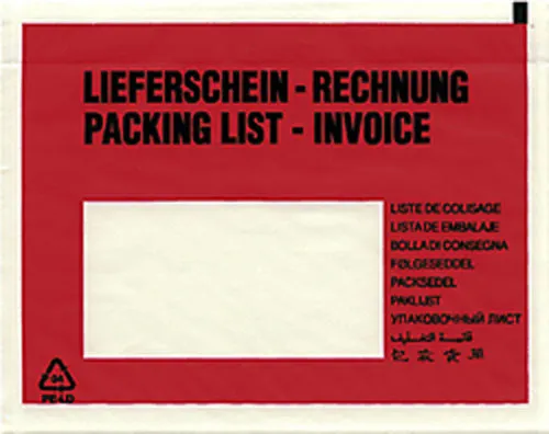 Dokumententaschen Lieferscheintaschen DIN C6 1000 - 1000 selbstklebende Lieferscheintaschen im Format DIN C6, ideal für den sicheren Versand von Dokumenten. Mehrsprachiger Druck für internationalen Gebrauch.