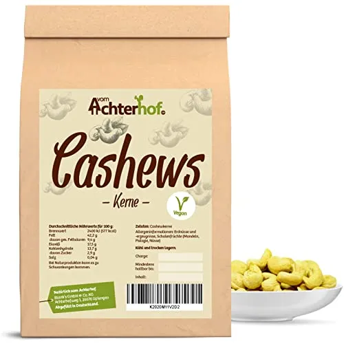Cashewkerne 500g | ganze Cashew Kerne | Cashewnüsse | mit milder, feiner, leicht süßlicher Geschmack | ideal als purer Snack oder als Topping von Salaten, Currys & Co. | vom Achterhof