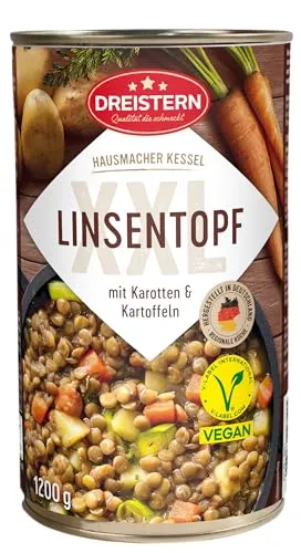 DREISTERN Veganer Linsentopf 1200g | Mit Kartoffeln & Möhren | Eintopf in recyclebarer Konservendose | Lange Haltbarkeit dank natürlicher Konservierung | Hausmacher Qualität