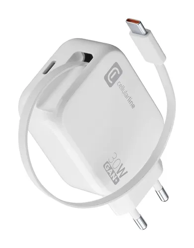 USB Typ-C Travel Charger Roller 30W White (61287) - Handy-Ladegeräte mit 30W Schnellladung und integriertem, ausziehbarem USB-C Kabel; ideal für Reisen und sicheres Laden von zwei Geräten gleichzeitig.