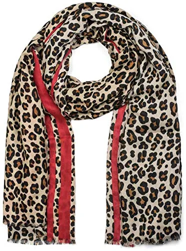 styleBREAKER Damen Schal mit Leo Muster und farbigem Streifen | Weiches Material mit Fransen | Animal Print Tuch in One Size, Farbe:Braun-Rot