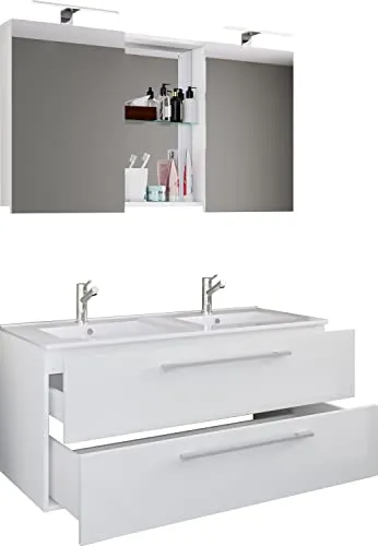 VCM 3-tlg. Doppel Waschplatz Budasi SC - Badmöbel-Set mit Unterschrank, Doppelwaschbecken und Spiegelschrank. Perfekt für Paare, bietet viel Stauraum und elegantes Design.